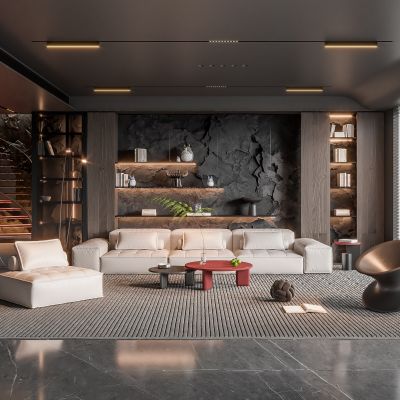  现代别墅客厅 无主灯客厅 旋转楼梯 沙发组合 茶几组合 饰品摆件