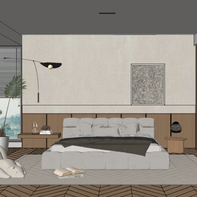 侘寂卧室，双人床，衣柜，懒人沙发