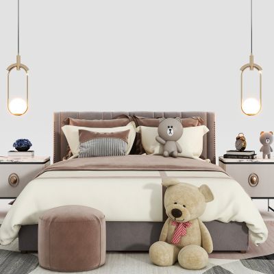 现代儿童双人床组合,双人床，床头柜，床头吊灯，玩偶