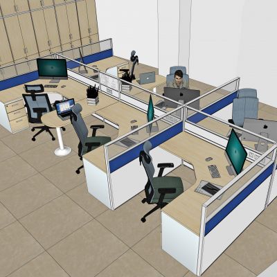 现代办公室，办公室，办公桌，屏风，工位，办公椅，电脑，摆件，文件柜，L型屏风