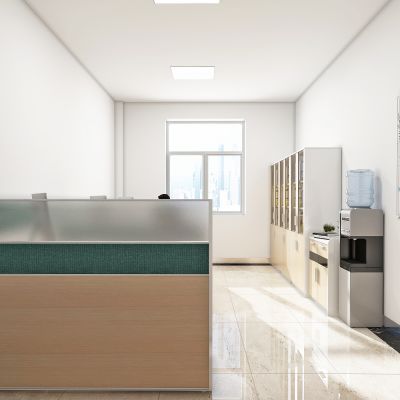 现代办公室，办公室，办公桌，屏风，工位，办公椅，电脑，摆件，文件柜，地图