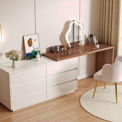 现代奶油风妆台妆椅组合_梳妆台_化妆品_梳妆镜_吊灯_花瓶_花瓣椅_地毯