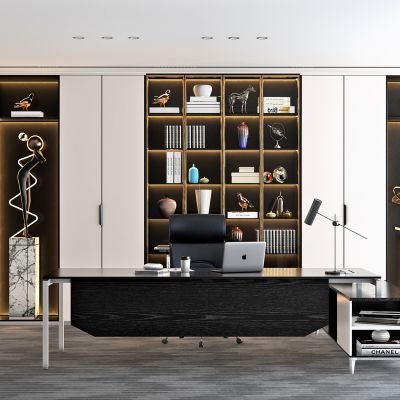 现代经理办公室，办公桌，董事长办公室，装饰柜，班台，装饰品，摆件，花，书