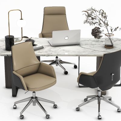 现代办公桌，书桌，经理桌，办公椅，主管桌，电脑，摆件，台灯，花瓶，餐桌