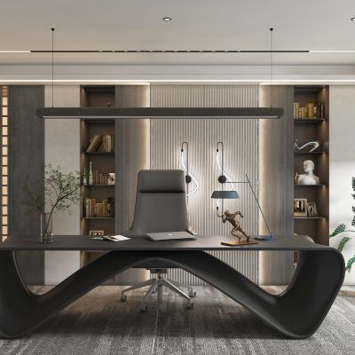 现代经理办公室，董事长办公室，主管办公室，装饰柜，装饰品，摆件，盆栽，办公室，办公桌，班台，办公椅，异形班台，吊灯