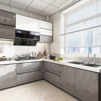 现代封闭式厨房，厨房，橱柜，冰箱，厨房摆件，厨具，灶具，烟机，水盆，窗帘