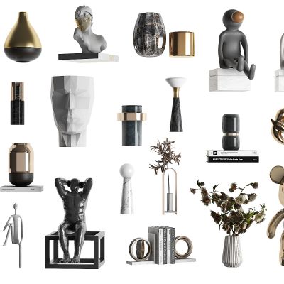 现代摆件组合，装饰品，摆件，雕塑，工艺品，艺术品，陈列品，美陈，花，花瓶