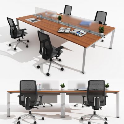 现代办公桌，办公椅，条桌，会议椅，摆件，书，桌上屏，工位，员工位，职员桌