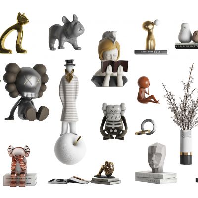 现代摆件组合，饰品，装饰品摆件，公仔，雕塑，书，花瓶，花，艺术品，工艺品