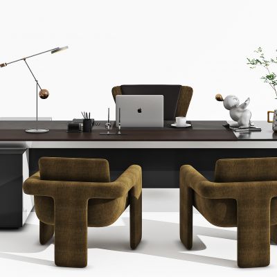 现代办公桌，班台，办公椅，休闲椅，装饰品，摆件，饰品，电脑，书桌，花瓶