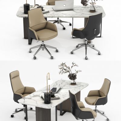 现代办公桌，书桌，经理桌，办公椅，主管桌，电脑，摆件，台灯，花瓶，餐桌