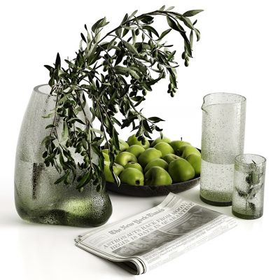 玻璃花瓶，苹果，报纸，玻璃水杯3D模型