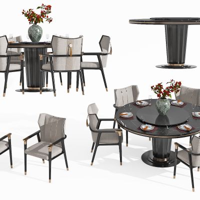 新中式餐桌椅组合，圆餐桌，餐椅，布艺单椅，中式餐椅，中式圆餐桌，书椅