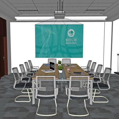 现代会议室，洽谈室，会议桌，会议椅，洽谈椅，办公桌，投影，条桌，摆件