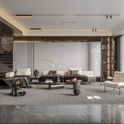 现代别墅客厅 无主灯客厅 楼梯 沙发组合 茶几组合 饰品摆件