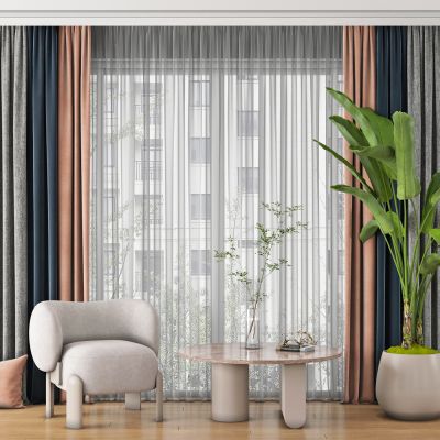 现代窗帘，纱帘，透光窗帘，休闲椅，茶几，盆栽，洽谈椅，抱枕，摆件，花瓶