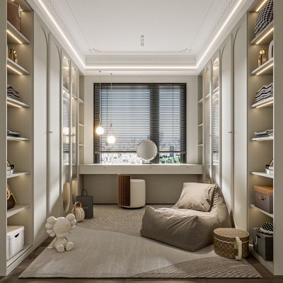 简欧衣帽间,法式衣帽间、衣柜、梳妆台,休闲沙发,地毯，玻璃柜门