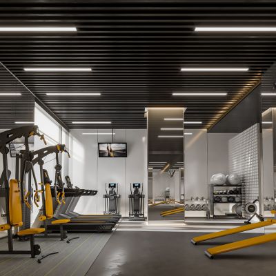  现代健身房 健身器械 卧推架 跑步机 哑铃 杠铃 动感单车