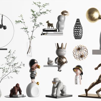 现代摆件组合，装饰品，摆件，饰品，花瓶，陈列品，艺术品，雕塑，书，花，灯