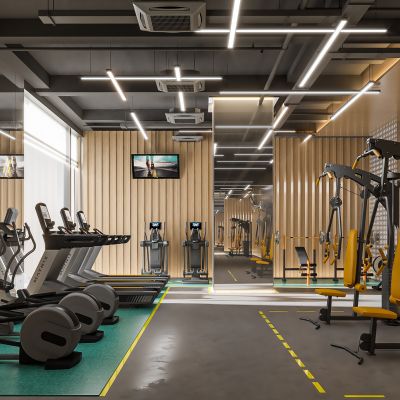  现代健身房 健身器械 卧推架 跑步机 哑铃 杠铃 动感单车