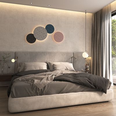 现代卧室，主卧室，床，双人床，简约床，摆件，饰品，吊灯，壁饰，墙上挂件，花