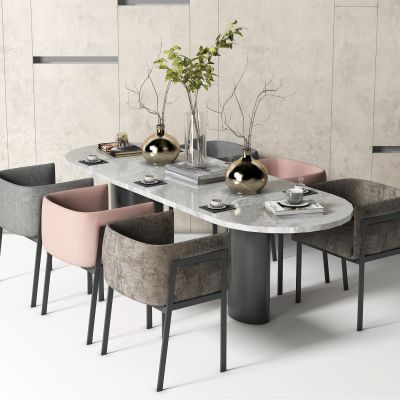 现代餐桌椅，餐桌，餐椅，布艺单椅，饰品，摆件，装饰品，花，办公桌，会议桌