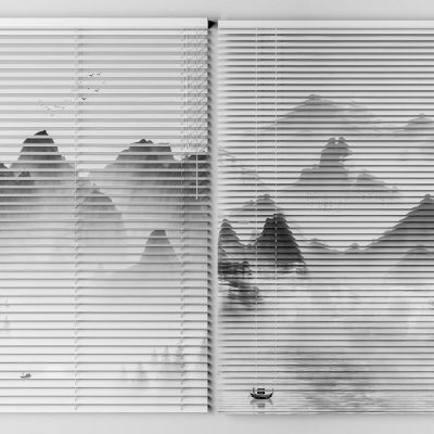 新中式百叶帘 山水窗帘