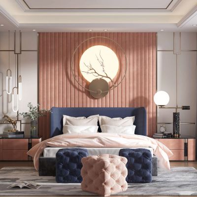 新中式卧室，床，双人床，衣柜，床头柜，沙发凳，方凳，台灯，壁灯，墙饰，吊灯