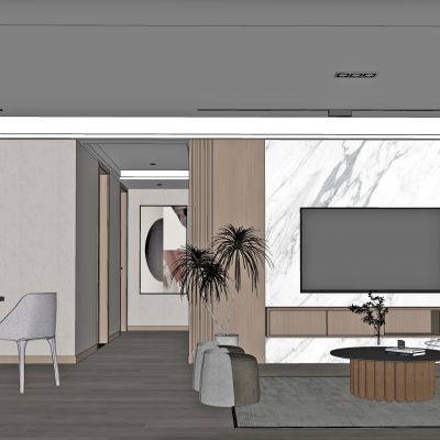 现代客餐厅，餐厅，客厅，餐桌，餐椅，休闲椅，茶几，沙发凳，装饰画，吊灯