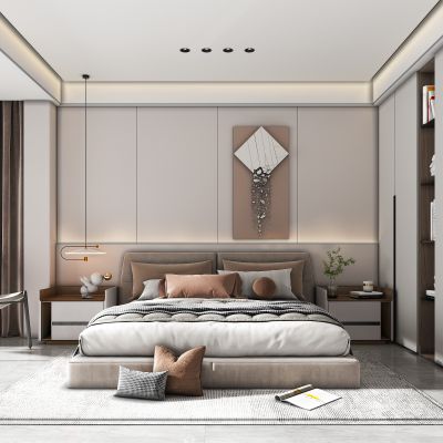 现代家居卧室，床，双人床，床头柜，休闲椅，沙发椅，衣柜，地毯，沙发凳