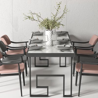 新中式餐桌椅，餐桌，餐椅，布艺单椅，饰品，摆件，装饰品，花，办公桌，会议桌