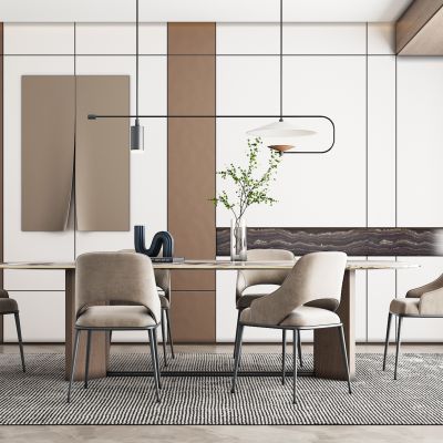 现代家居餐厅，餐桌，椅子，布艺单椅，休闲椅，吊灯，装饰柜