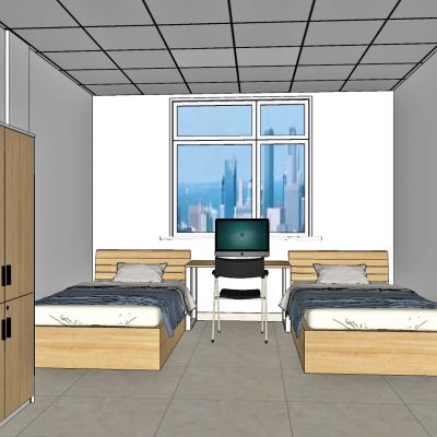 现代职员宿舍，宿舍，休息室，单人床，衣柜，茶水柜，电视，员工宿舍