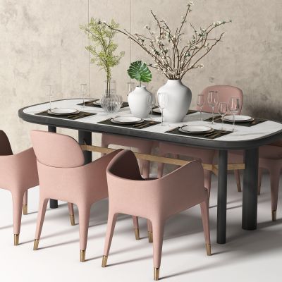 新中式餐桌椅，餐桌，餐椅，布艺单椅，饰品，摆件，装饰品，花，办公桌，会议桌