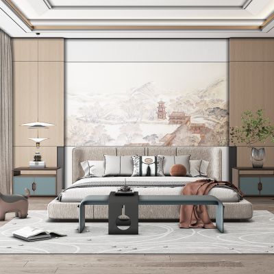 新中式家居卧室，床，双人床，床头柜，休闲椅，沙发椅，衣柜，地毯，沙发凳