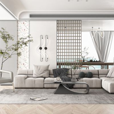 现代客厅，多人沙发，茶几，雕塑，摆件，吊灯，饰品，摆件，绿植，盆栽