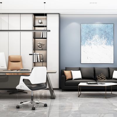 现代办公室，经理室办公室，董事长室，总裁室，办公桌，装饰柜，书柜，装饰柜，办公椅，主管桌，经理桌，多人沙发，茶几