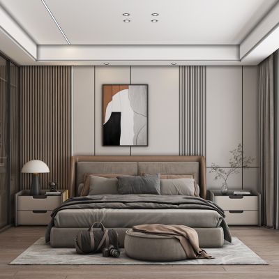 现代家居卧室，床，双人床，床头柜，休闲椅，沙发椅，衣柜，地毯，沙发凳