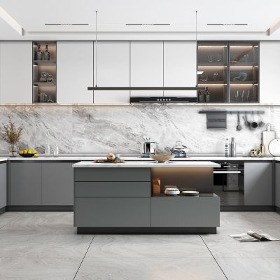 现代轻奢厨房，橱柜，装饰柜，餐具，厨房用品，电饭锅，饰品摆件，中岛台