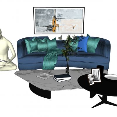 现代布艺多人沙发，沙发，茶几，三人沙发，长茶几，雕塑，灯，摆件，异形沙发