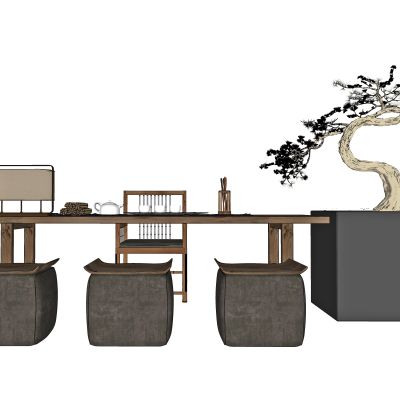 新中式茶桌椅，茶桌，茶椅，沙发凳，餐桌，餐椅，迎客松，中岛台