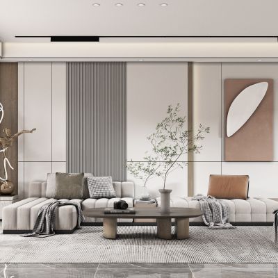 现代客厅，多人沙发，茶几，雕塑，摆件，吊灯，饰品，摆件，绿植，盆栽