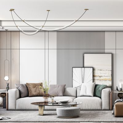 现代客餐厅，餐厅，客厅，餐桌，餐椅，休闲椅，茶几，沙发凳，装饰画，吊灯