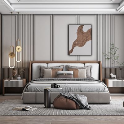 现代家居卧室，床，双人床，床头柜，休闲椅，沙发椅，衣柜，地毯，沙发凳