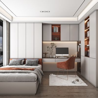 现代卧室榻榻米，卧室，次卧，装饰柜，定制床，休闲椅，电脑桌，电脑椅
