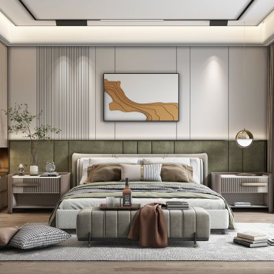 现代家居卧室，床，双人床，床头柜，休闲椅，沙发椅，衣柜，地毯，沙发凳