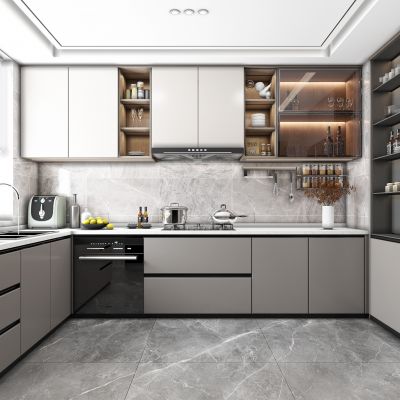 现代轻奢厨房，橱柜，装饰柜，餐具，厨房用品，电饭锅，饰品摆件