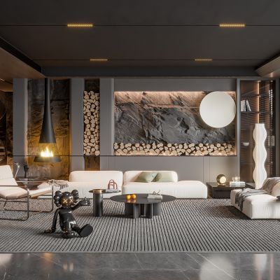 现代别墅客厅 无主灯客厅 旋转楼梯 沙发组合 茶几组合 饰品摆件