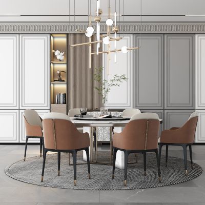 现代家居餐厅，餐桌，椅子，布艺单椅，休闲椅，吊灯，装饰柜