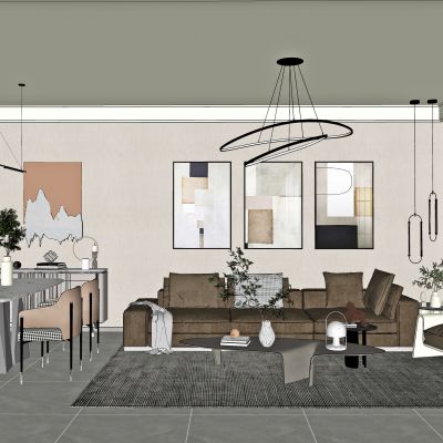 现代客餐厅，餐厅，客厅，餐桌，餐椅，休闲椅，茶几，沙发凳，装饰画，吊灯